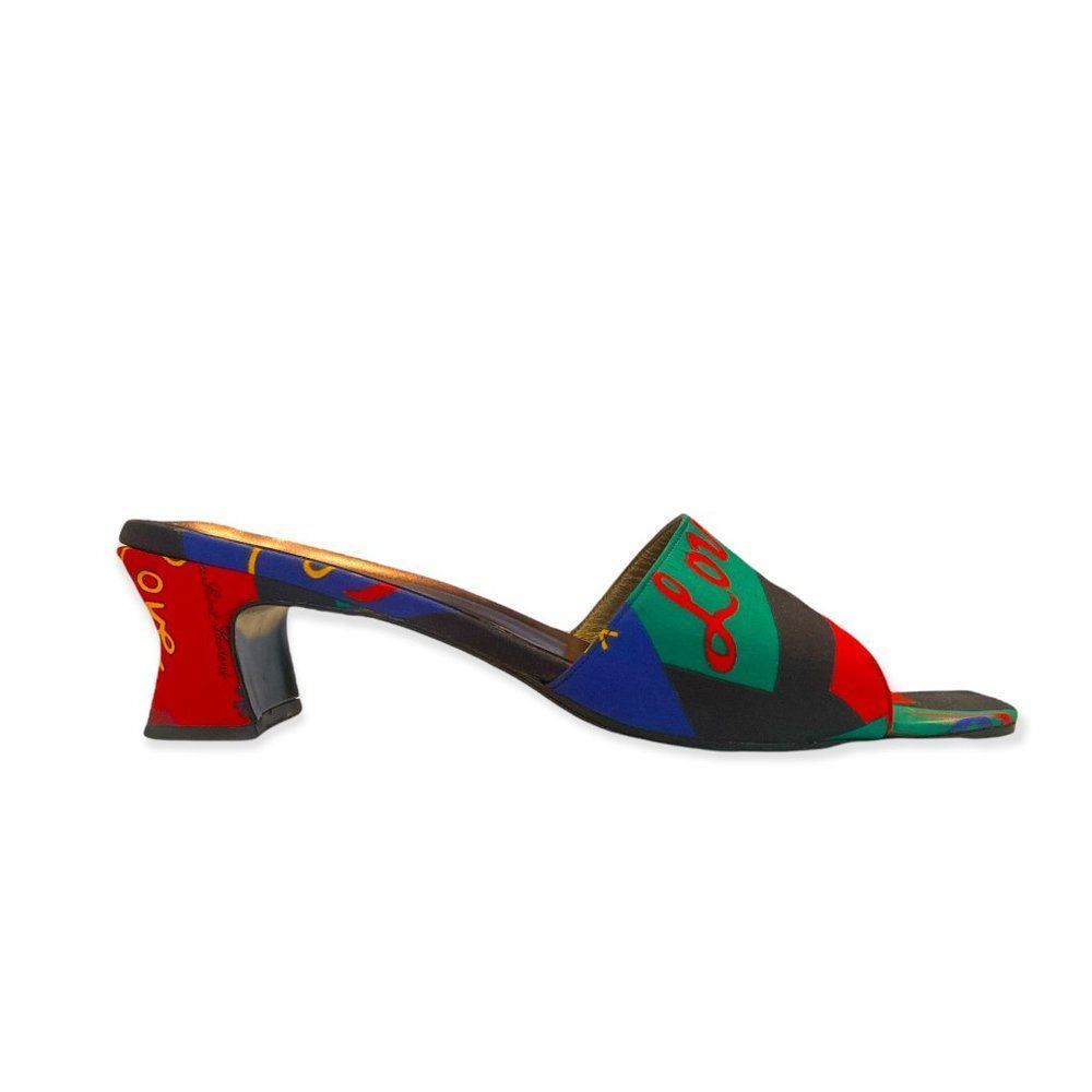 Vintage Yves Saint Laurent 1970 Love Letter Print Slide Sandals, Size 8.5